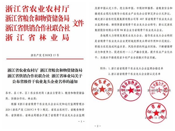 lewin乐玩官网荣获“浙江省省级骨干农业龙头企业”